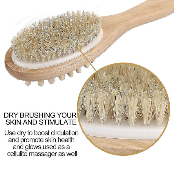 Puinen Body Brush -kylpyharja selän kuorintakoneeseen - Luonnonharjakset Kaksoishierontakylpyharja - Erinomainen