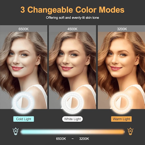 Ringljus, videokonferensljus belysningsset med klämma och stativ, skrivbords 4\" selfie-ljus med 3 belysningslägen och 11 ljusstyrkenivåer