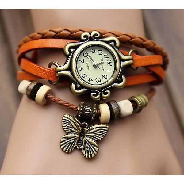 Vintage sommerfugl armbåndsur læder mode dame kvartsur（orange）