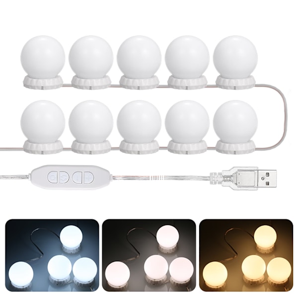 Vanity LED-pære sæt med 10 LED-lys, 10 lys og 3 skærme, USB-lysafbryder til makeup-applikation