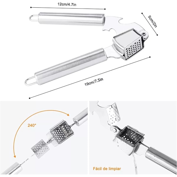 Generisk hvidløgspresser i rustfrit stål - Premium hvidløgshakker til fint hvidløg - Knuser og skræller, redskab - Ergonomisk grebshåndtag Nem brug