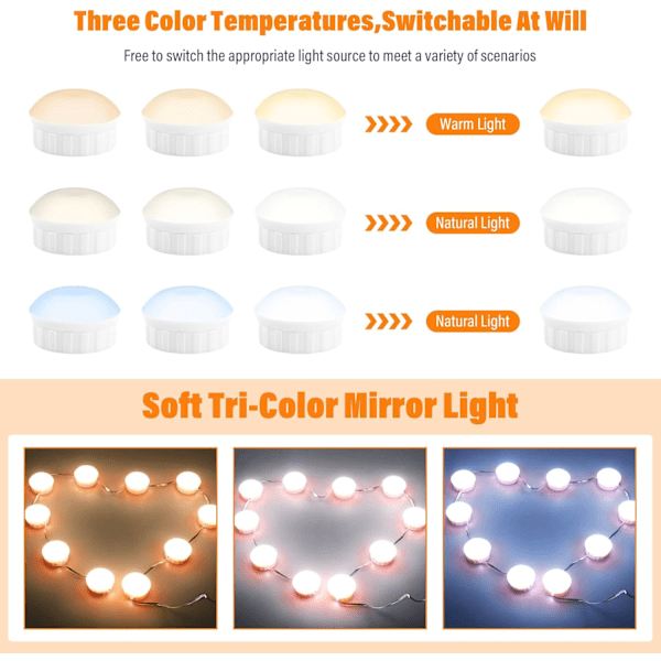 10 himmennettävää peilivaloa 3 värillä, LED-meikkilamppu, peilipöydän valo, meikkilamppu, peililamppu kosmetiikkapeiliin