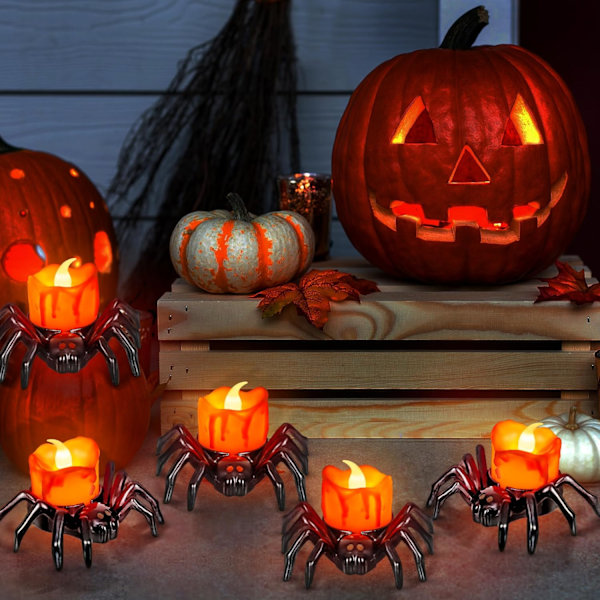 6 stk. Halloween-telys med LED-lys, batteridrevne Halloween-flammeløse LED-lys, Halloween-edderkopp-telys med spøkelsesaktig elektrisk flimrende falske lys