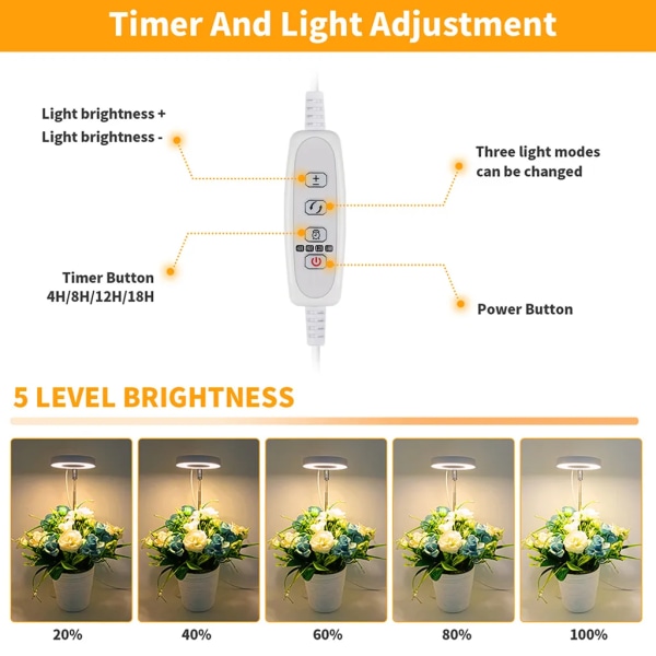 LED fullspektrum växtlampa 3 ljuslägen växtljus växande ljus med timer för inomhusväxter, grönsaker, blommor