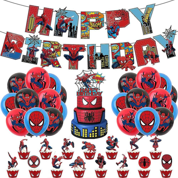Tmall Spiderman-temafestdekorationer Tillbehör inkluderar Grattis på födelsedagen Bannerkaka Cupcake Toppers-set