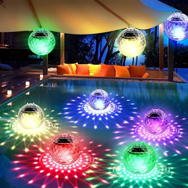 Paket med solcellslampor för pool, LED, automatisk uppljusning på natten, färgglad dimning, trädgårdshängande projektionslampor