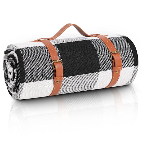 Det vandtætte udendørs picnictæppe med akrylgitter, 200CM200CM Vaskbart, foldbart campingpicnictæppe med rem - Sort Grå Hvid Ternet