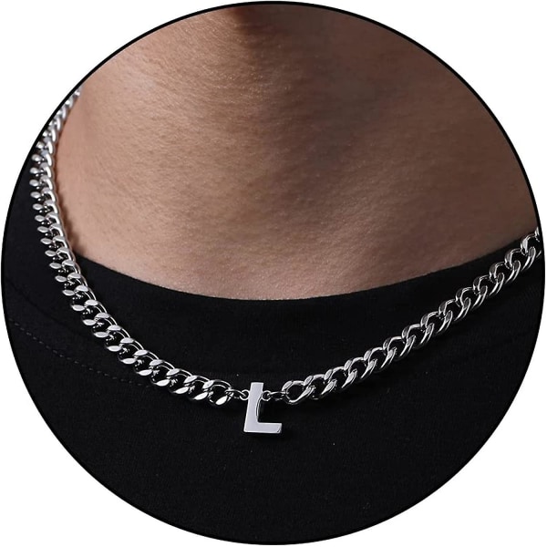Inledande A-z Cuban Link Chain Halsband För Pojkar Män Kvinnor Bokstavshänge Rostfritt stål 6,5 mm 18+2 Inches Smycken Present（L，Silver）