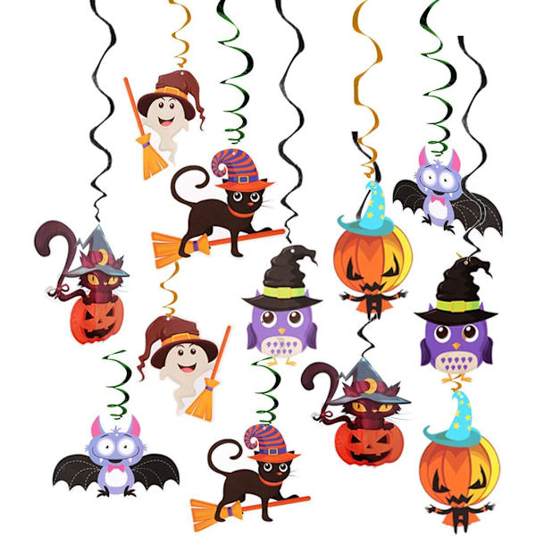 Halloween-riippuvat pyörteet - värikkäät kattopyörteet, spiraalit, folio, lepakko, noita, pääkallo, hämähäkki, aave, kurpitsa, hirviökortit, juhlatarvikkeet