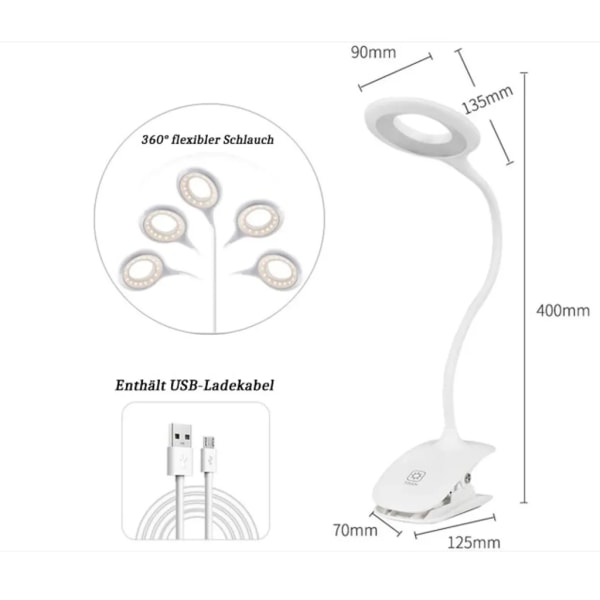 LED klämlampa säng läslampa klämma med touchsensor, sängbordslampa barn, 360° flexibel svanhals klämlampa (vit)