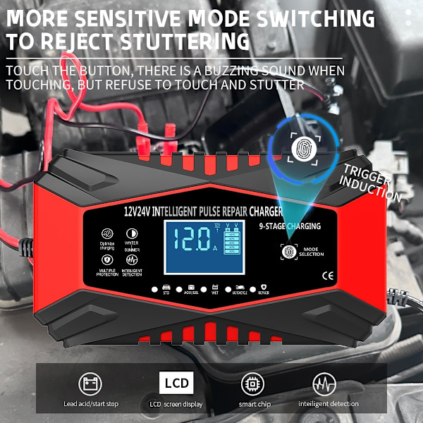 12-Amp Bilbatterilader, 12V og 24V Smart Fuldautomatisk Vedligeholdelseslader med Temperaturkompensation (rød)