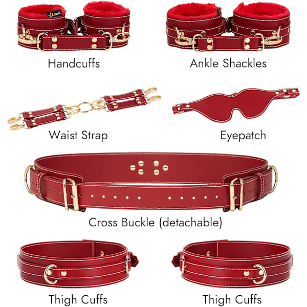 Sexuellt Bondage SM-kit med 6 delar, justerbara handbojor, fotbojor, lårbojor, ögonbindel, korsband, midjeband, vuxenleksaker för SM-spel