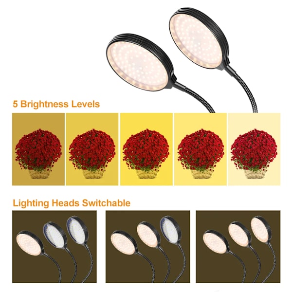 USB-kasvivalaisin 312 LED:llä, täyden spektrin auringonvalo, säädettävä pöytäkiinnitteinen kasvuvalaisin sisäkasveille, 5 himmennettävää tasoa, 4/8/12 tunnin ajastimella