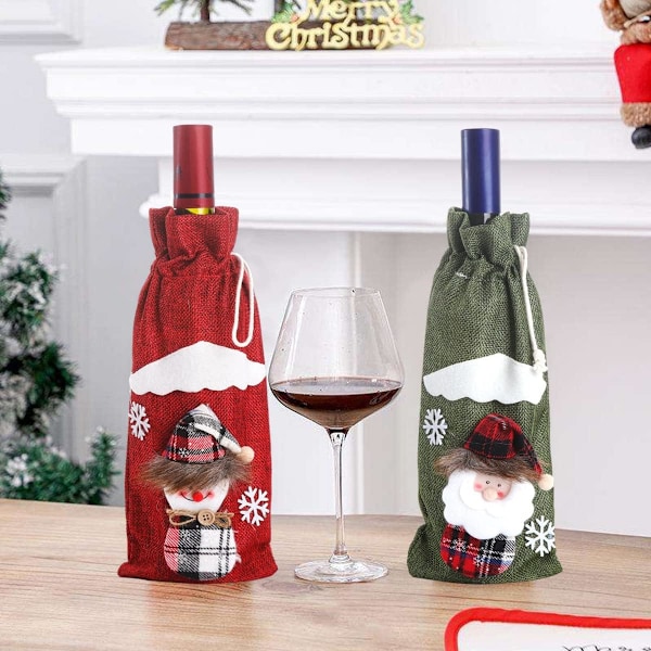Sett med 6 julevinposer, burlap emballasje for flasker