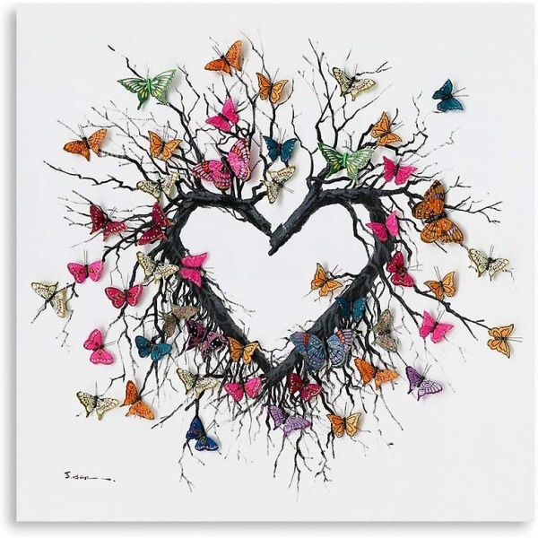 Fjäril Print Väggkonst, hjärtformade grenar omgivna av färgglada fjärilar