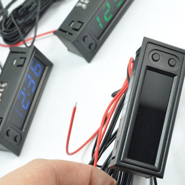 12V 3-i-1 biltermometer + voltmeter + klokke LED digital skjerm (rød)