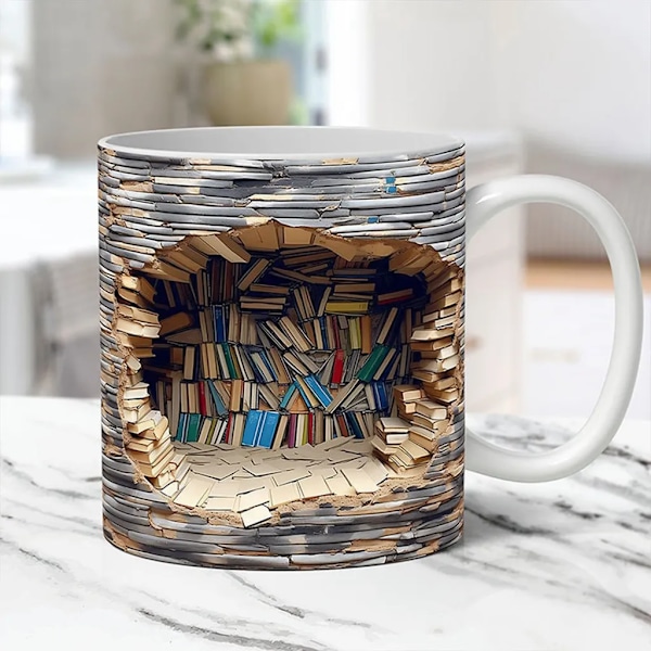 Set med 3 3D-bokhyllemugg, 3D-effekt bokmugg, 11 oz en bibliotekshyllemugg, kreativ romdesign, flerbruksmugg, en gave til lesere, elskere