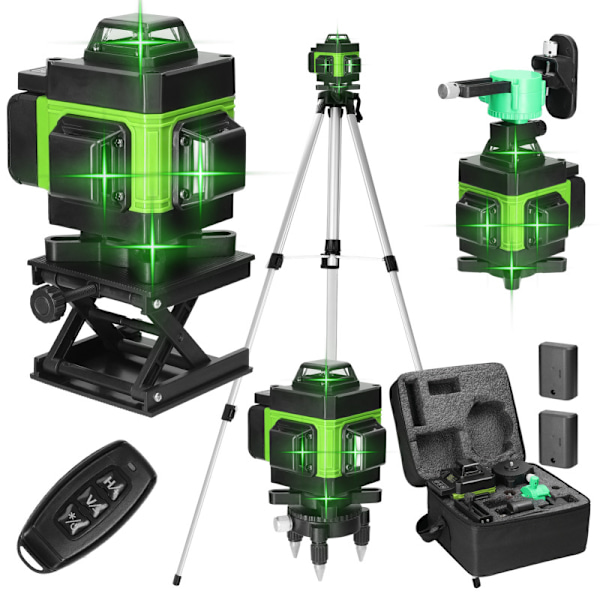 Lasermätare 3D Laser Nivå 16 Linjer Grön 360º Automatisk roterande laserkorslinjelaser (räckvidd: 30 m) med höjdjusterbart stativ