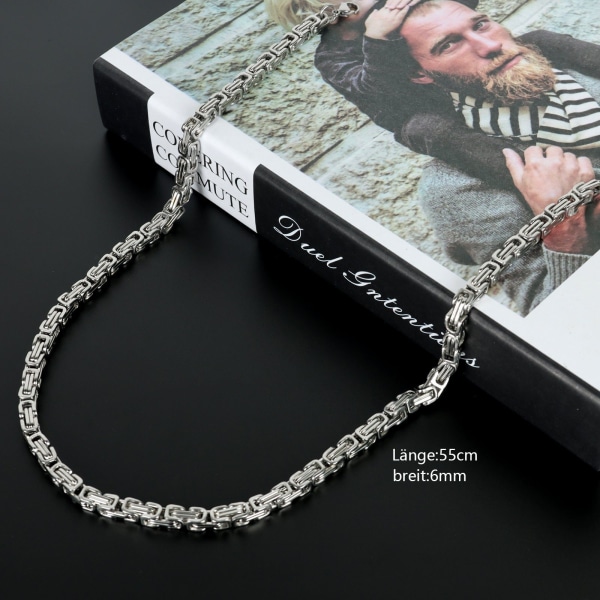 Silverhalsband, herrhalsband, massivt 6 mm brett och 55 cm långt silver rostfritt stål