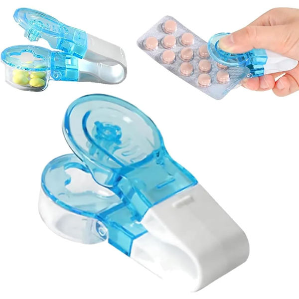 2 stk. bærbar pilleæske, tabletdispenser, tablet-skubber, bærbar pilletager, pillehuls-punch med beholder, pilledeler med opbevaringsrum