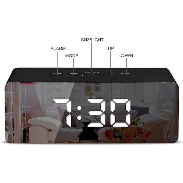 Digital spejlalarm, led sengeur med temperatur, justerbar lysstyrke-ur-sort
