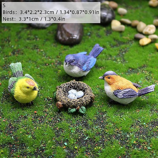 Miniature dukkehus fehavesæt: 3 stk fugle og 1 stk rede（S）