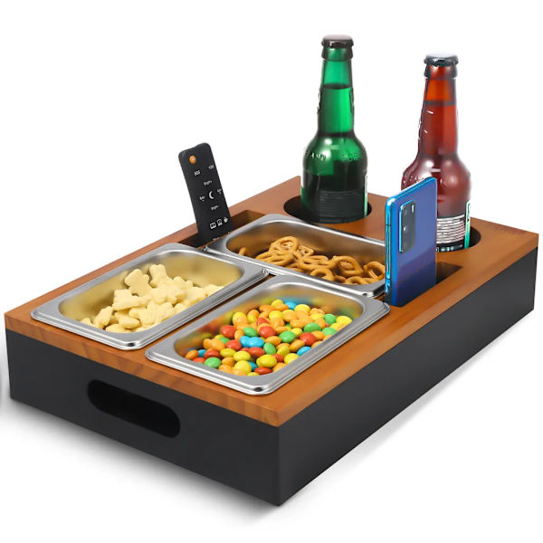 Serveringsbrickor, snacksbox, soffbord, snagger, snackbricka, sängbricka, soffarrangör med 3 skålar, mugghållare, trä, 39 x 26 x 8 cm