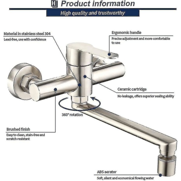 Veggmontert kjøkkenkran med 2 dyser Vask blandebatteri 360 Svingbar veggmontert kjøkken Justerbar tut Rustfritt stål 304