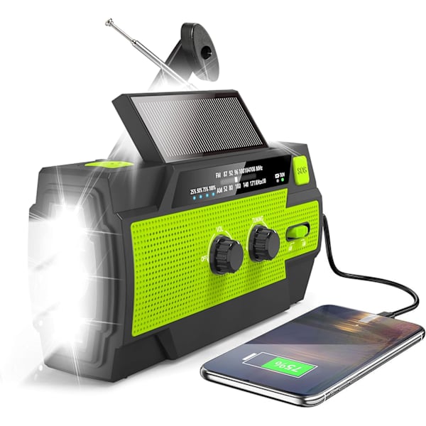Solcelledrevet radio, nød AM/FM-radio oppladbar dynamo 4000 mAh radio med kraftig lommelykt, bevegelsessensor leselys, SOS-alarm for nødstilfeller