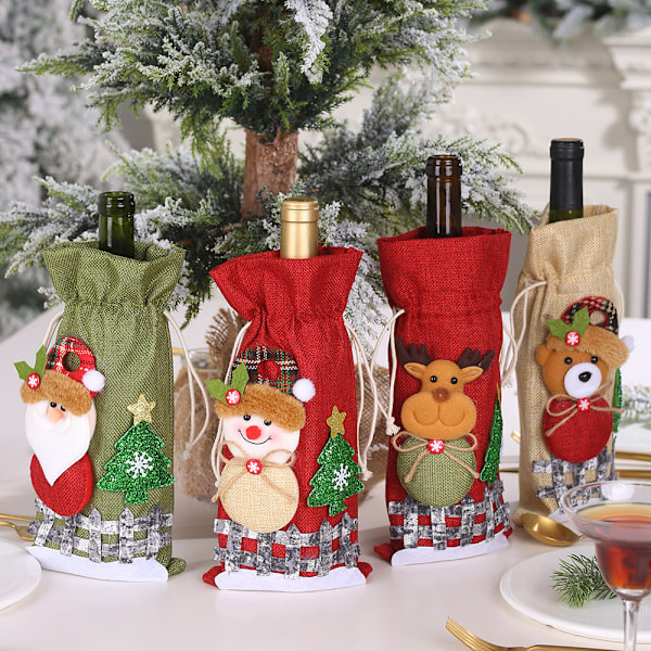 Julegavepose i burlap med snømann-tegning og rutete dukke, perfekt for julepynt og gaver