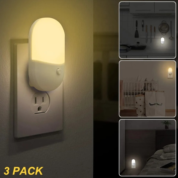 3 stycken LED nattlampa sockel nattlampa sockel för baby barn sovrum, vit och varmvit