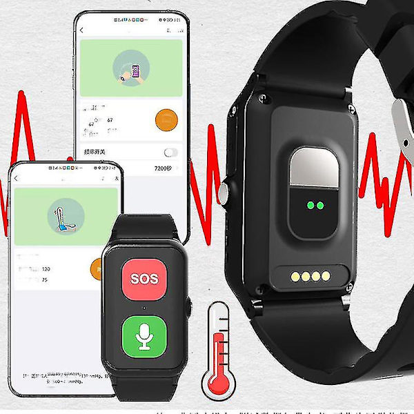 Sos Smart Armband för seniorer med GPS-info push, pulsmätning med inbyggd spårningsklocka（Svart）