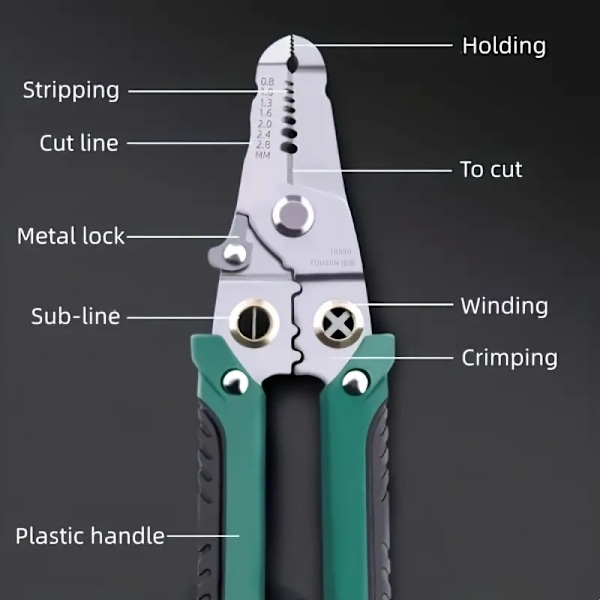 Multifunktionel afisoleringstang, afisoleringstang/skæreværktøj/krimpetang, ledningsdeler, kabelskærer, afisoleringværktøj, multifunktionelt håndværktøj