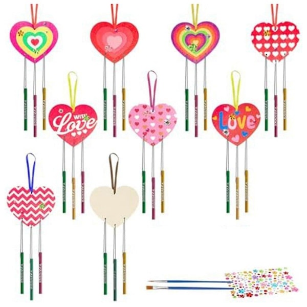 9 Pack Heart Wind Chime Gør din egen Kærlighed Wind Chimes DIY Farverigt Valentinsdag træhåndværk B（Som vist）