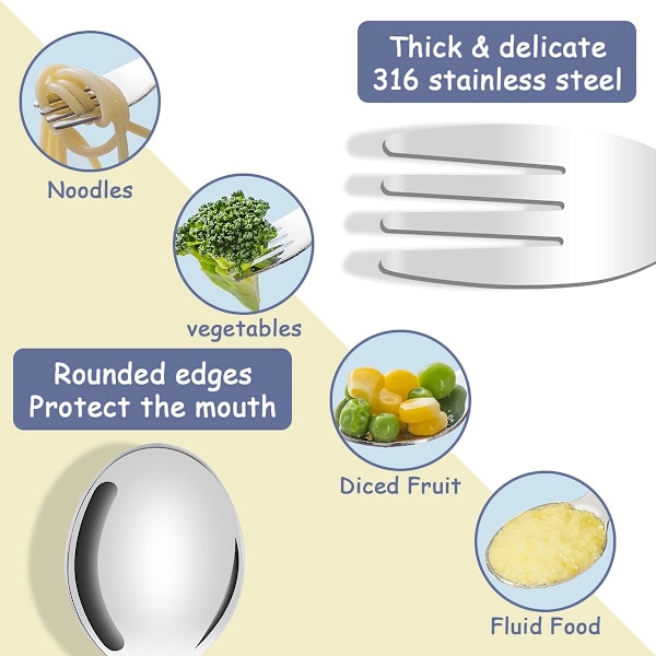 Babygaffel och sked set, bestickset i rostfritt stål med tecknade djur, självmatande lärande bestick, babybestick för baby, småbarn, barn