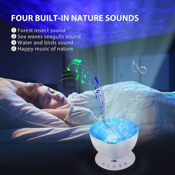 Ocean Wave-projektor, LED-nattlampa med 7 ljuslägen musikhögtalare