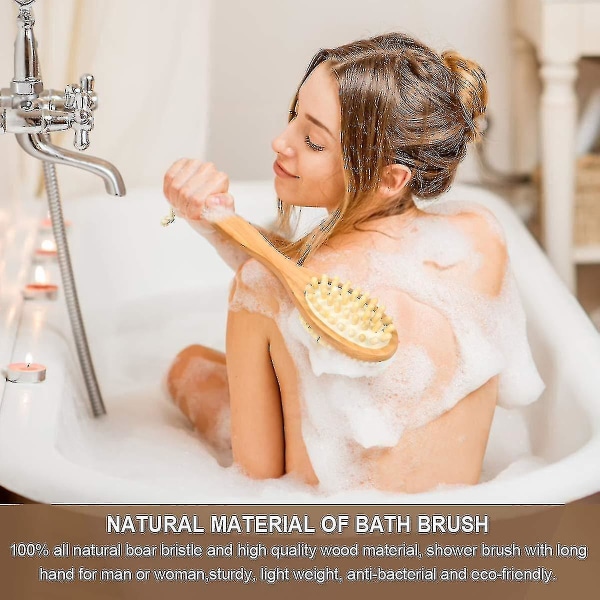 Träkroppsborstebadborste för ryggskrubber - naturliga borstar Dubbelmassagebadborste - Utmärkt