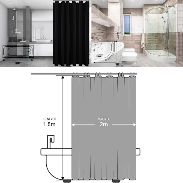 Bruseforhængstekstil, badeforhæng anti-skimmel, vandtæt, bruseforhæng til brusebad karforhæng med 8 bruseforhængsringe, 180x200cm