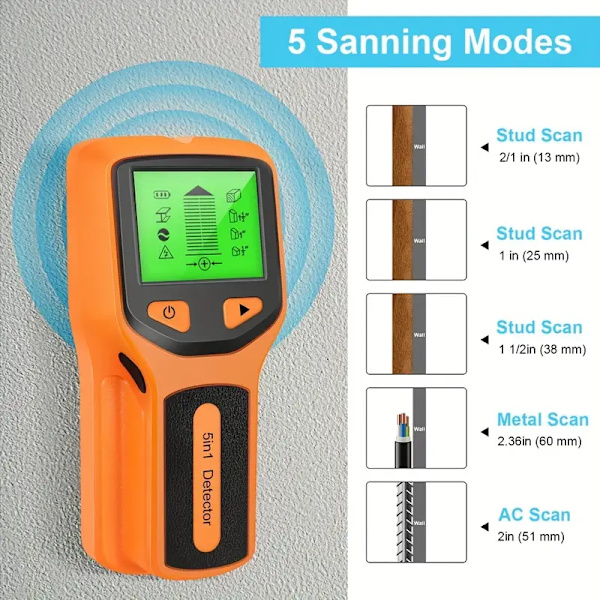 Regelfinnare Väggskanner, 5 i 1 Regelfinnare, Väggmetalldetektor (Kräver 1*9V batteri, batteri ingår ej)