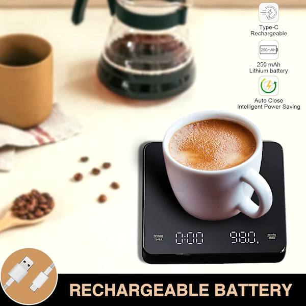 Kaffe våg med timer, kaffevåg, baristavåg, 0,1g/3kg, automatiskt och manuellt tidsmätningsläge, laddningsbar, automatisk avstängning för barista