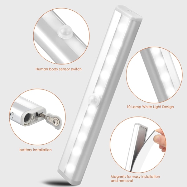 Pakke med 2 LED-bevegelsessensor skaplys med magnetisk stripe, 10 LED nattlys lysstrimler skaplys, skaplys for kjøkken