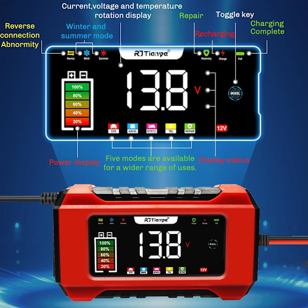 Bilbatterilader, 12V 6A Smart Batteri Trickle Lader Bil 12V Batteri Vedligeholdelses Desulfator til Bil Lastbil Motorcykel Plæneklipper Marine