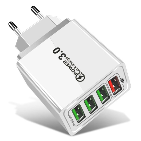 QC3.0 snabbladdare med 4 USB-portar, reseladdare, ultrasnabb laddning, fungerar för alla smartphones