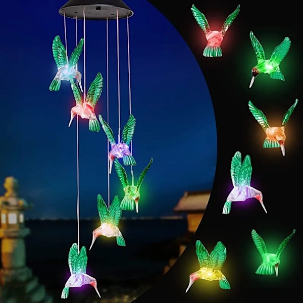 Kolibri solcelledrev til udendørs brug, LED-vindspil til haven, farveskiftende solcelledrevne vindspil, mors dags gaver