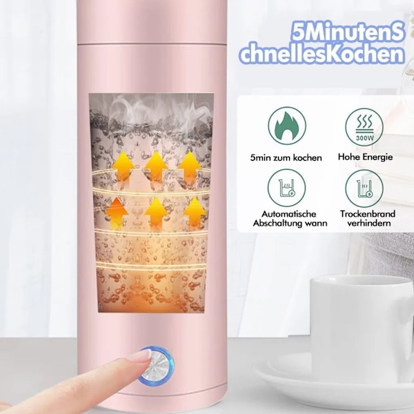 Bärbar elektrisk vattenkokare - 5 minuters snabbkokning, 400 ml varmvattenkokare flaska säker elektrisk uppvärmd resekokare tillverkad av rostfritt stål