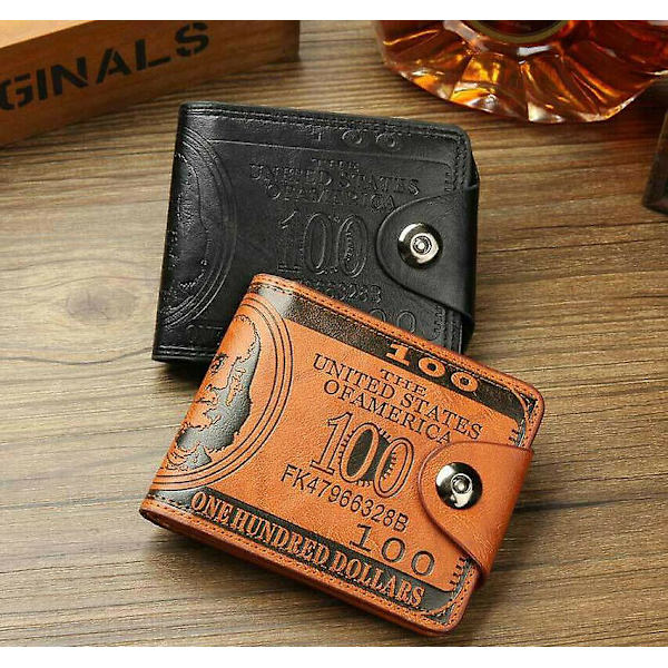 Herr US 100 Dollar Bill Läder Bifold Card Photo Holder Plånbok Handväska Handväska (Med spänne-svart)