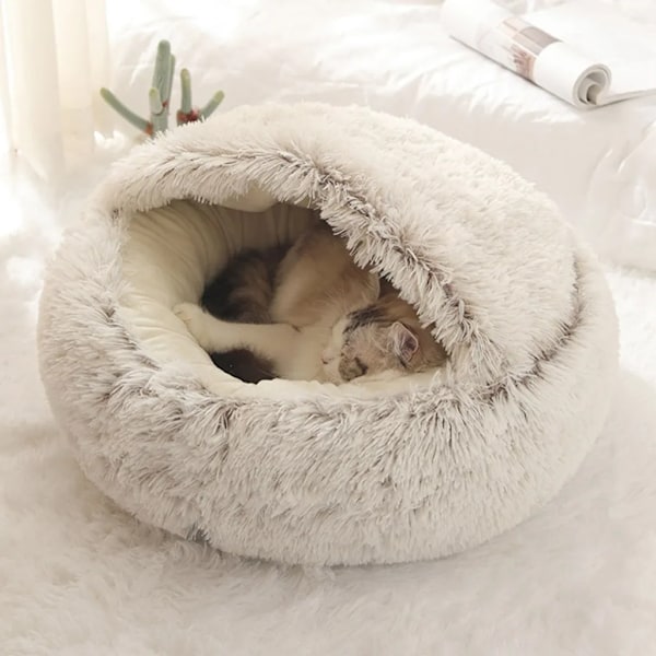 2 i 1 halvlukket katteseng, rund kort plysj lang vinter varm katteseng, donut fluffy katteseng, 40*40cm