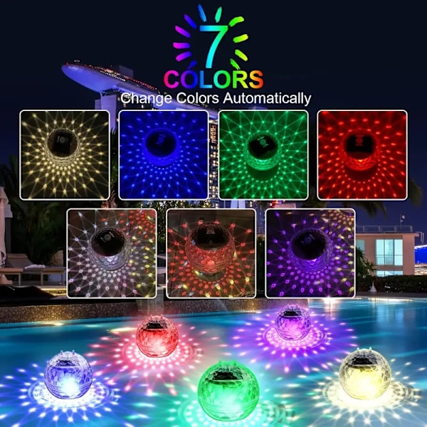 Paket med solcellslampor för pool, LED, automatisk uppljusning på natten, färgglad dimning, trädgårdshängande projektionslampor