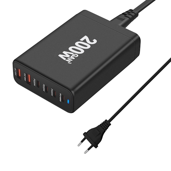 6-Port Snabbladdare, Bärbar 200W USB C Laddningsstation Väggladdare Adapter, Kompakt Reseladdare för iPhone 14 13 12 11 Pro Max Pixel Note Galaxy