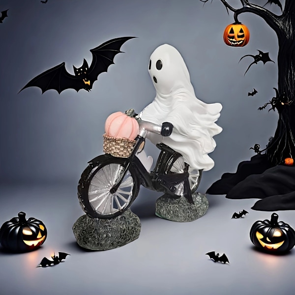 Spøkelse på sykkel - Skummel spøkelsessykkel Halloween-figur, spøkelse som sykler Halloween rosa gresskarstatue, ridende spøkelsesfigur